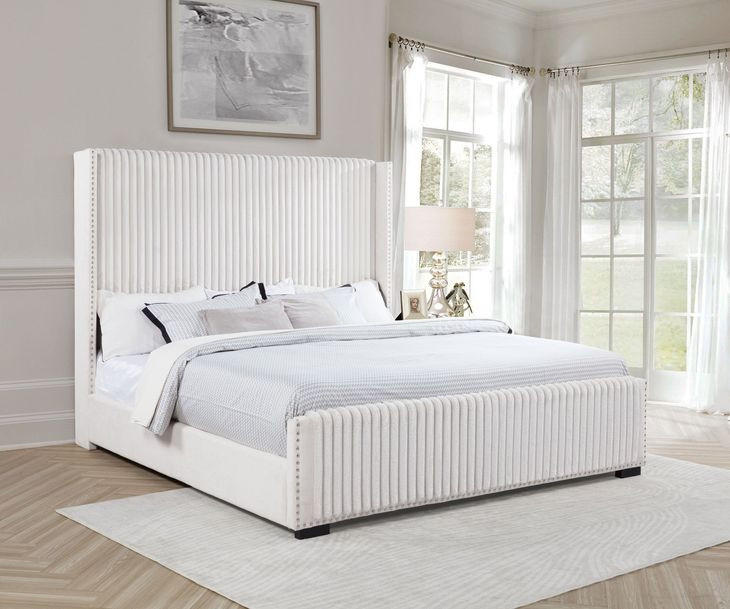 Natasha Cream California King Upholstered Platform Bed with Nailhead Trim