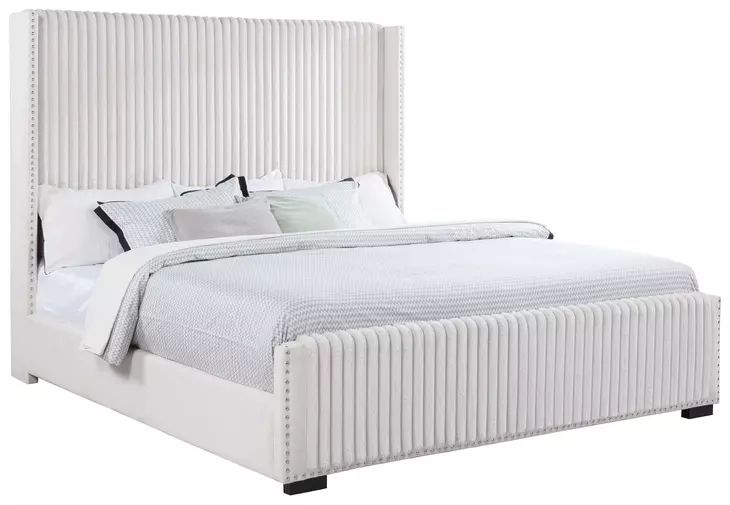 Natasha Cream California King Upholstered Platform Bed with Nailhead Trim