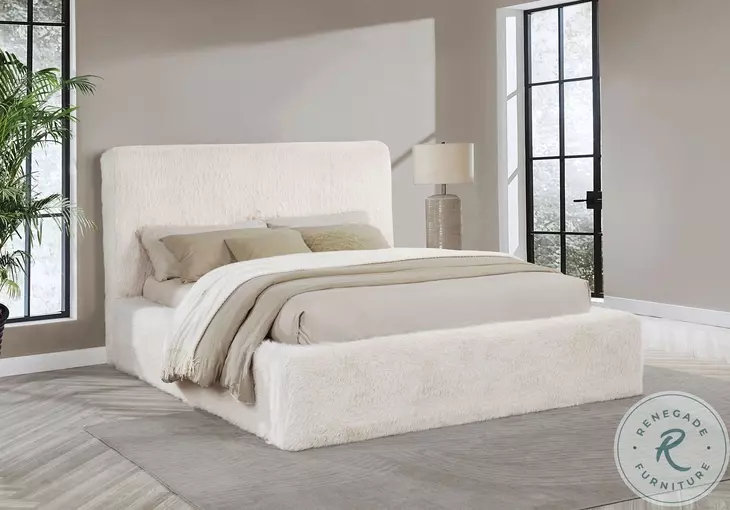Rebecca Cream Faux Fur Queen Upholstered Panel Bed