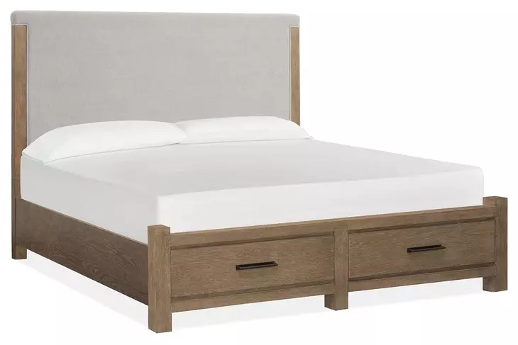 Plum Creek Sierra Brown and Elite Dove Queen Upholstered Storage Panel Bed