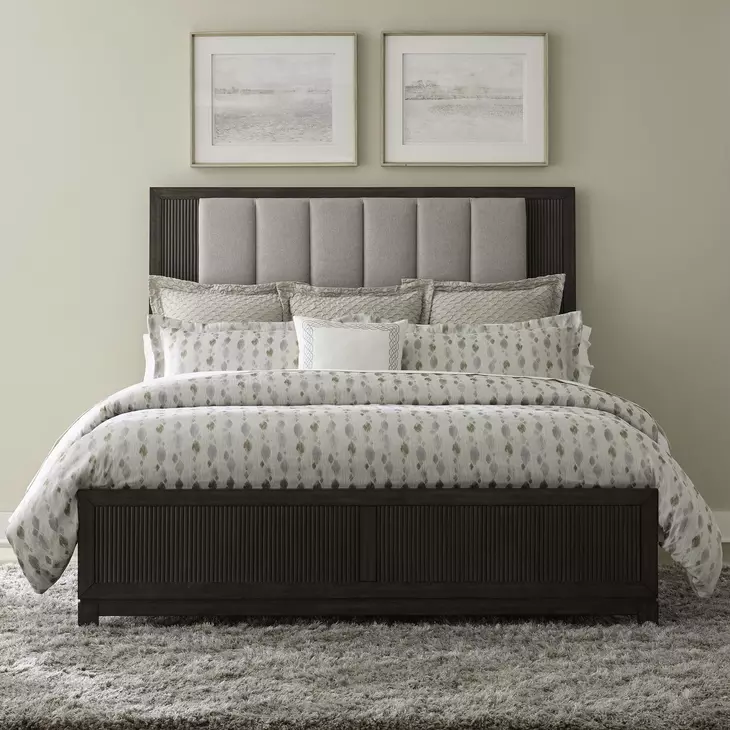 Contemporary Line Caffe and Textured Gray California King Upholstered Panel Bed