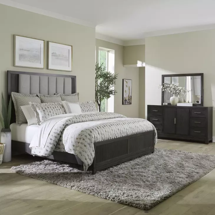Contemporary Line Caffe and Textured Gray California King Upholstered Panel Bed