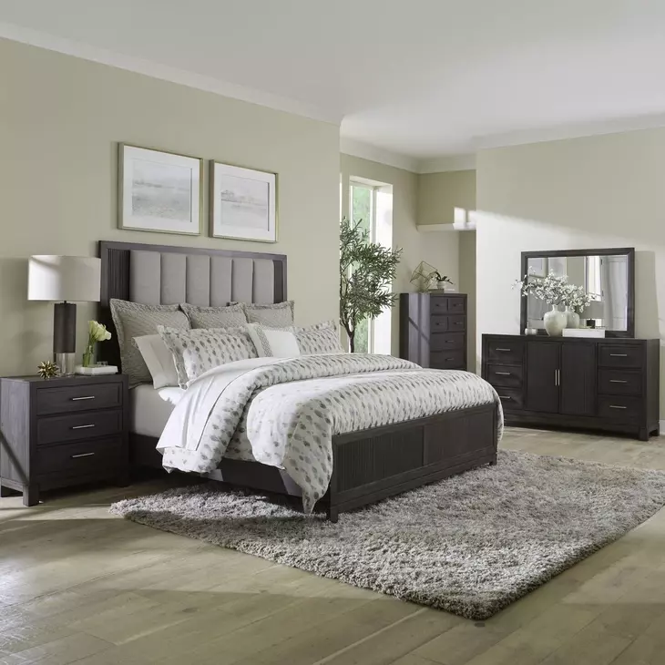 Contemporary Line Caffe and Textured Gray California King Upholstered Panel Bed