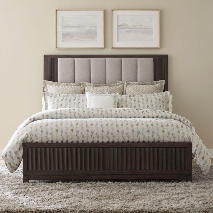 Modern Edge Caffe and Textured Gray King Upholstered Panel Bed