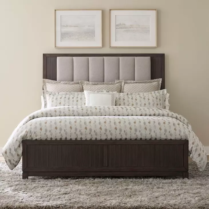 Urban Cut Caffe and Textured Gray King Upholstered Panel Bed