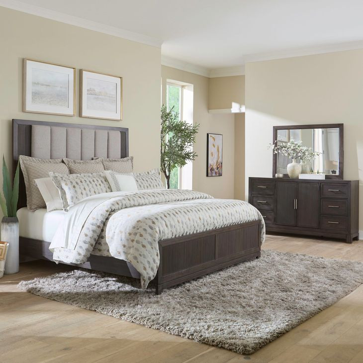 Modern Edge Caffe and Textured Gray King Upholstered Panel Bed