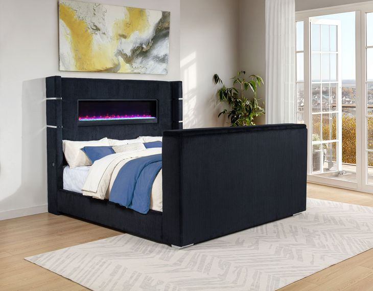 Tisdall Black King Upholstered Panel Bed with USB Charging and Hidden TV Mount