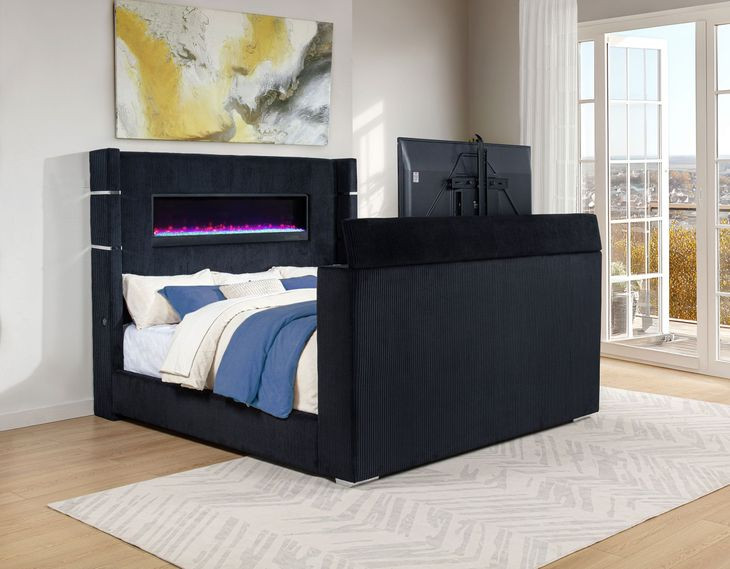 Tisdall Black King Upholstered Panel Bed with USB Charging and Hidden TV Mount