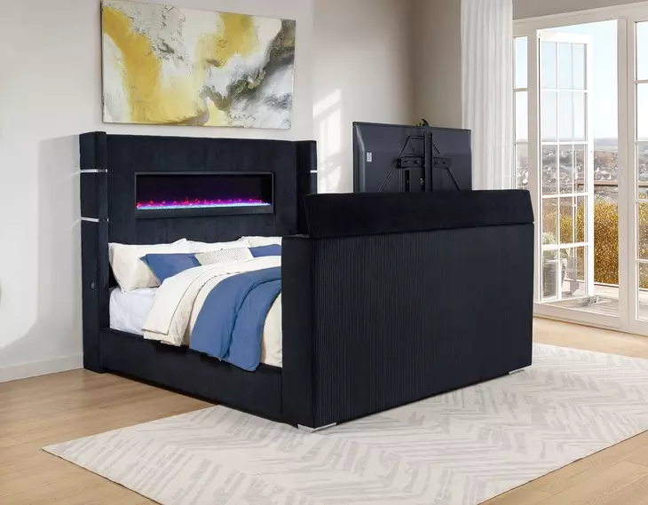 Tisdall Black King Upholstered Panel Bed with USB Charging and Hidden TV Mount