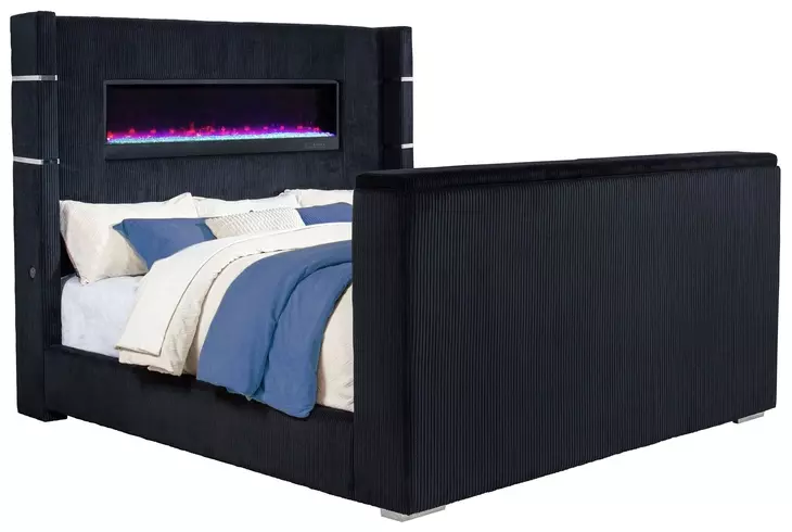Tisdall Black King Upholstered Panel Bed with USB Charging and Hidden TV Mount