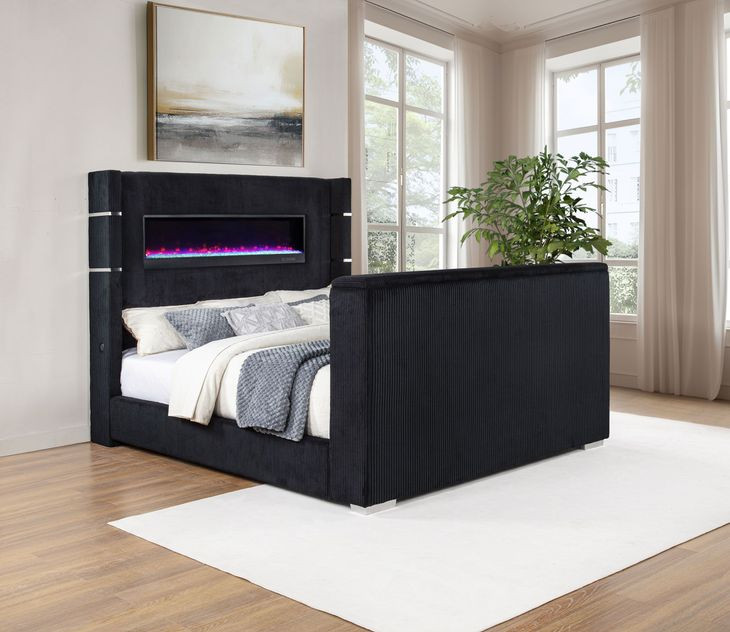 Tisdall Black California King Upholstered Panel Bed with USB Charging and Hidden TV Mount