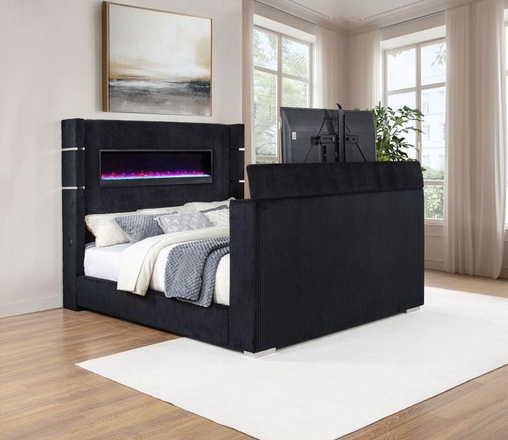 Tisdall Black California King Upholstered Panel Bed with USB Charging and Hidden TV Mount