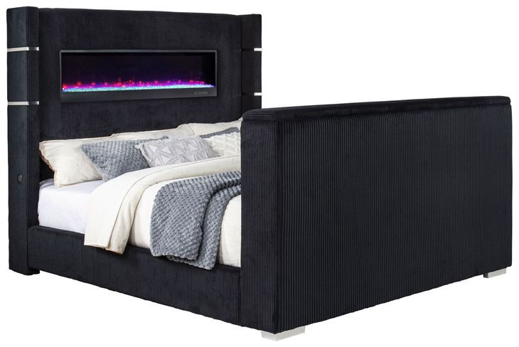 Tisdall Black California King Upholstered Panel Bed with USB Charging and Hidden TV Mount