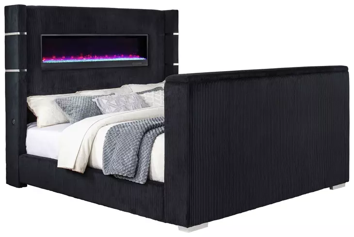 Tisdall Black California King Upholstered Panel Bed with USB Charging and Hidden TV Mount