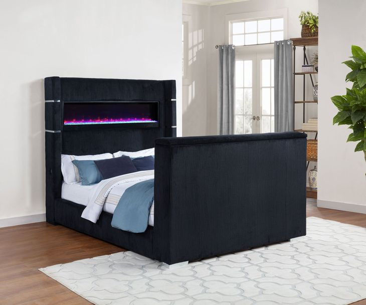 Tisdall Black Queen Upholstered Panel Bed with USB Charging and Hidden TV Mount