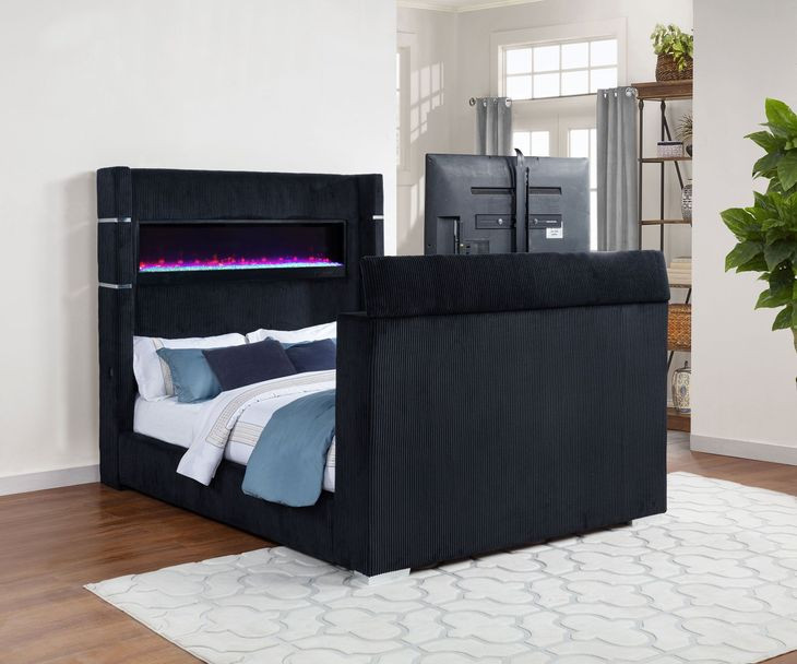 Tisdall Black Queen Upholstered Panel Bed with USB Charging and Hidden TV Mount