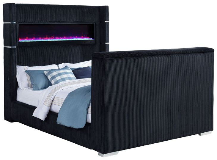 Tisdall Black Queen Upholstered Panel Bed with USB Charging and Hidden TV Mount