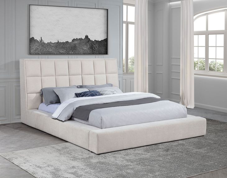 Dreux Cream California King Upholstered Platform Bed with Hidden Storage and LED Light
