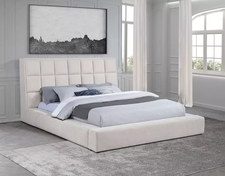 Dreux Cream California King Upholstered Platform Bed with Hidden Storage and LED