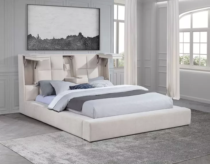 Dreux Cream California King Upholstered Platform Bed with Hidden Storage and LED