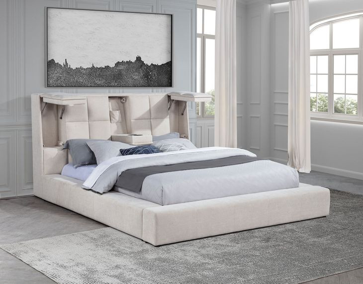 Dreux Cream Queen Upholstered Platform Bed with Hidden Storage and LED Light
