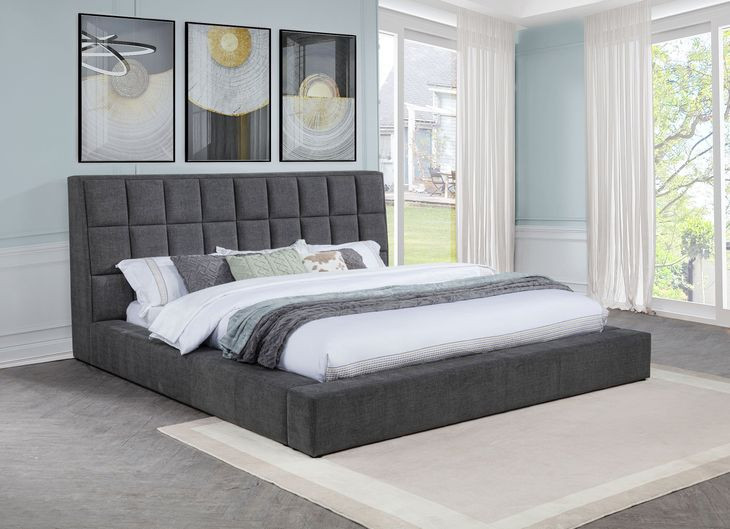 Dreux Gray California King Upholstered Platform Bed with Hidden Storage and LED Light