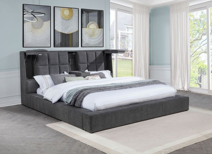 Dreux Gray California King Upholstered Platform Bed with Hidden Storage and LED Light