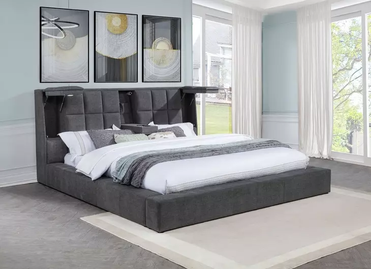 Dreux Gray California King Upholstered Platform Bed with Hidden Storage and LED