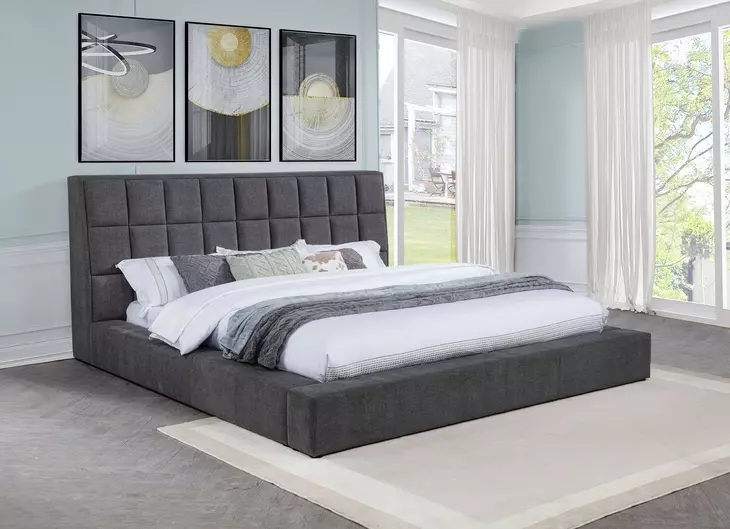 Dreux Gray Queen Upholstered Platform Bed with Hidden Storage and LED
