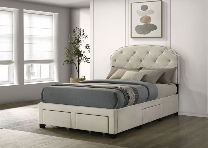 Marianna Cream Full Upholstered Platform Bed with Storage and Nailhead Trim