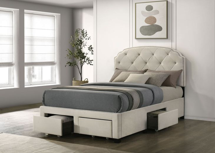 Marianna Cream Full Upholstered Platform Bed with Storage and Nailhead Trim