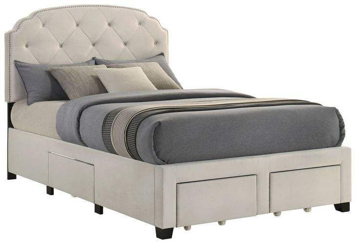 Marianna Cream Full Upholstered Platform Bed with Storage and Nailhead Trim