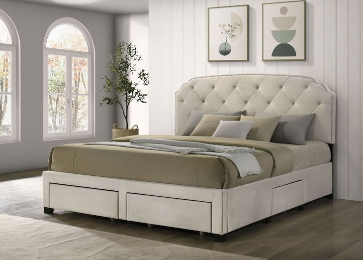 Marianna Cream King Upholstered Platform Bed with Storage and Nailhead Trim