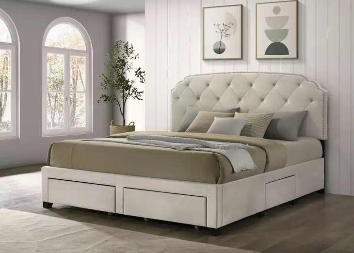 Marianna Cream King Upholstered Platform Bed with Storage and Nailhead Trim