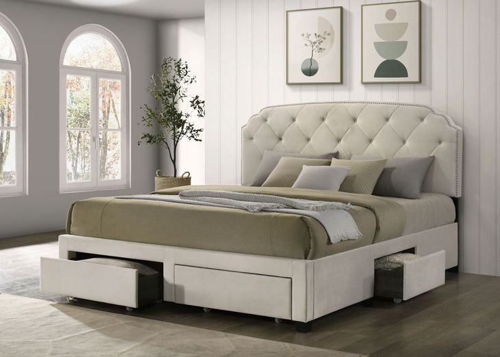 Marianna Cream King Upholstered Platform Bed with Storage and Nailhead Trim