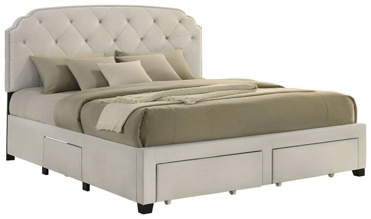 Marianna Cream King Upholstered Platform Bed with Storage and Nailhead Trim