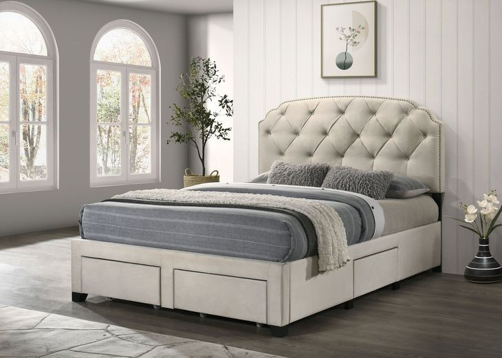 Marianna Cream Queen Upholstered Platform Bed with Storage and Nailhead Trim