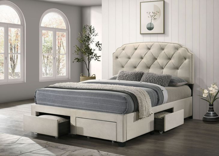 Marianna Cream Queen Upholstered Platform Bed with Storage and Nailhead Trim