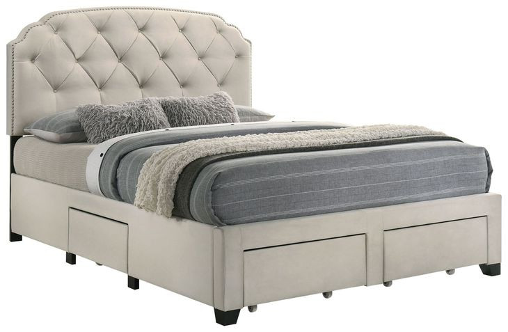 Marianna Cream Queen Upholstered Platform Bed with Storage and Nailhead Trim