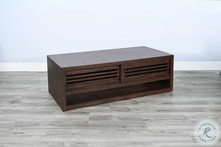 Willow Nest Dark Brown 54" Rectangular Coffee Table with Sliding Doors and Casters