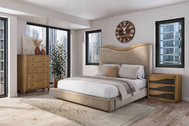 Blue Mallee Beige and Brown King Upholstered Panel Bed