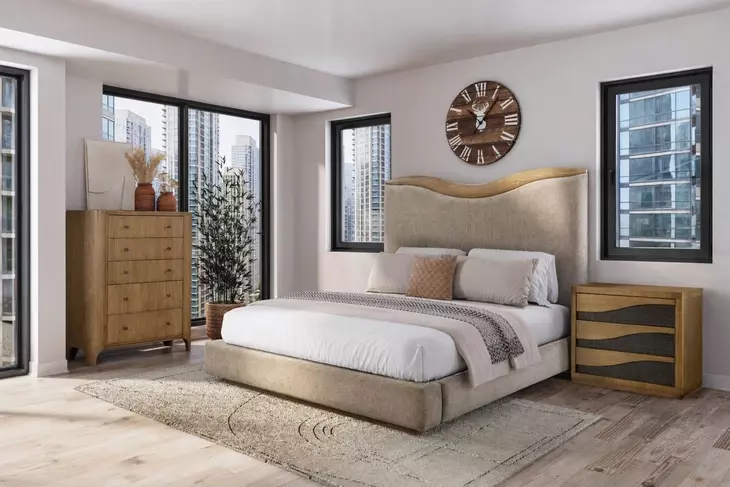 Blue Mallee Beige and Brown King Upholstered Panel Bed