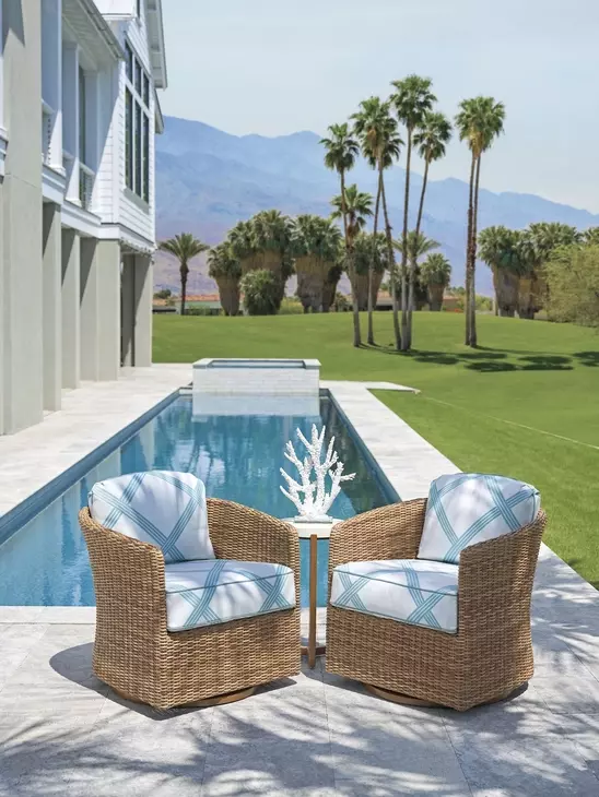 Palm Desert Poolside Blue and White Upholstered Outdoor Swivel Occasional Chair