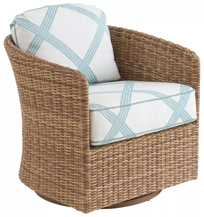 Palm Desert Poolside Blue and White Upholstered Outdoor Swivel Occasional Chair