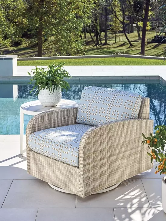 Sand Dune Blue and Brown Upholstered Outdoor Swivel Lounge Chair