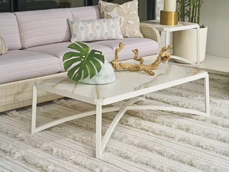 Sand Dune Cream Outdoor Rectangular Stone Top Occassional Table Set