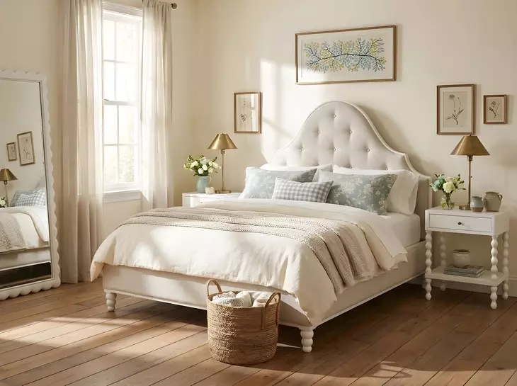 Haven Warm White and Ivory King Upholstered Panel Bed