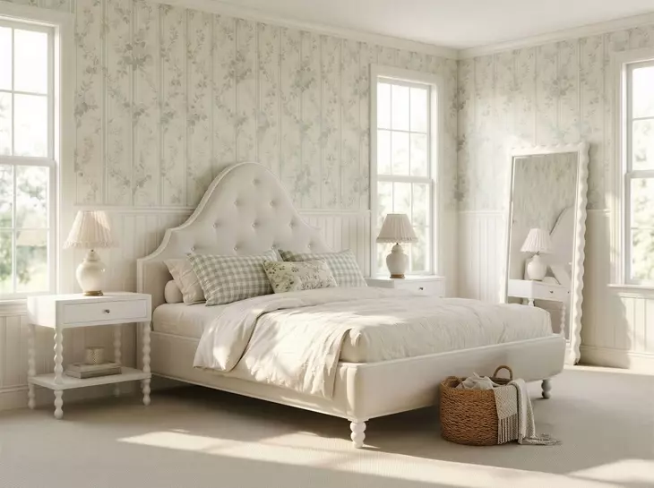 Haven Warm White and Ivory King Upholstered Panel Bed