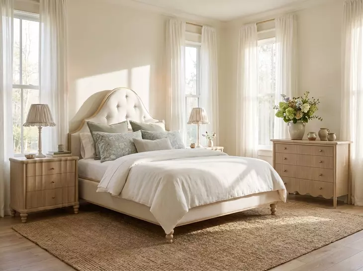 Haven Sundrenched Oak and Ivory King Upholstered Panel Bed