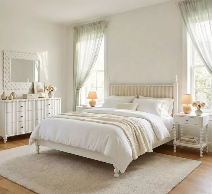 Haven Warm White Upholstered Finial Poster Bedroom Set
